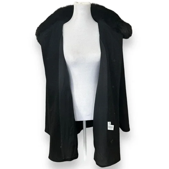 Genuine Fox Fur Collar Trench Coat Jacket Size 12 100% Wool Black Finland​​​​​